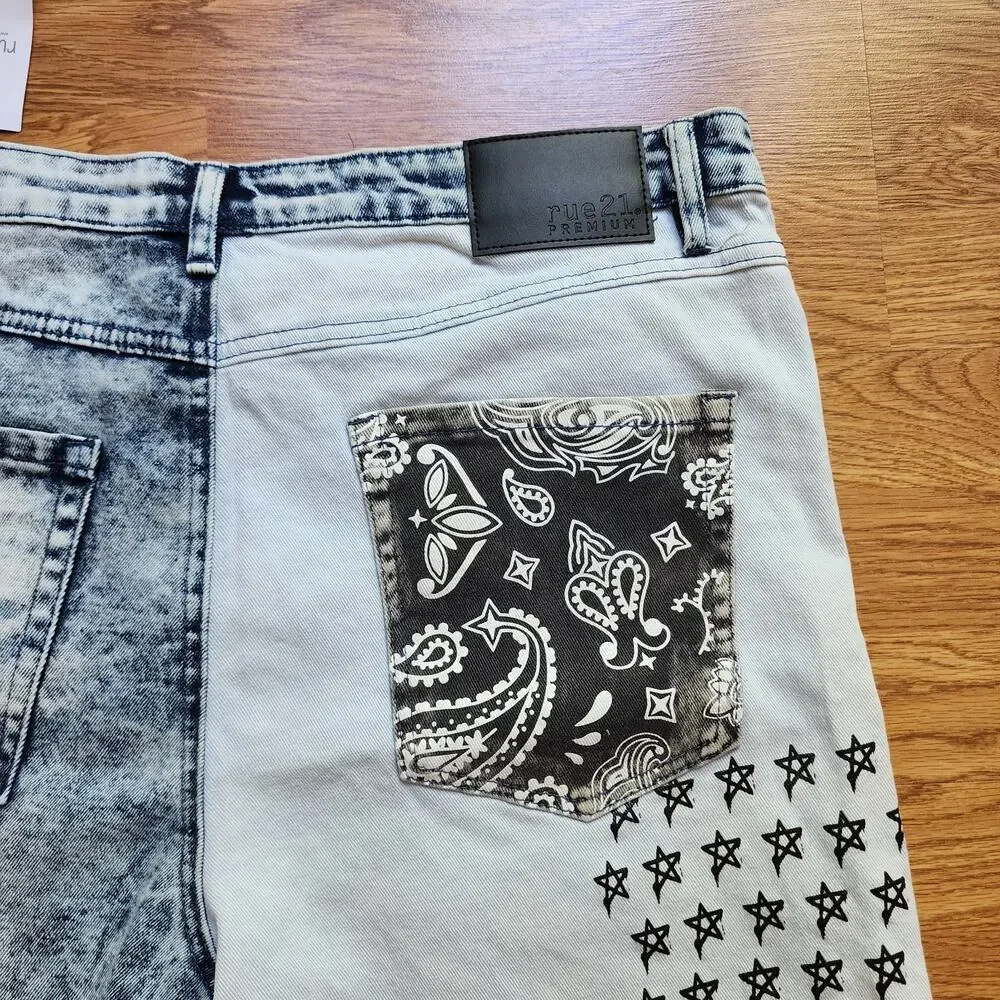 Rue 21 Supreme Flex Acid Wash Distressed Denim Patchwork Shorts Mens Size 38 New